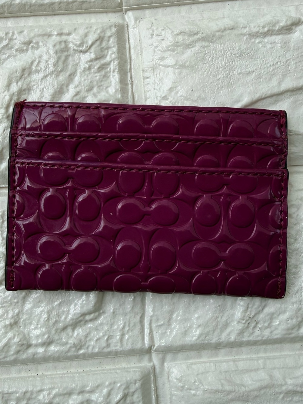 Coach Pebbled Patent Card Case in Berry